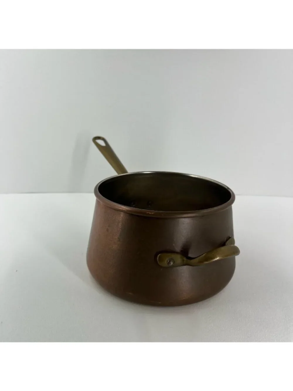 Vintage Solid Copper Saucepan Tin Lined Brass Long & Helper Handle Pot
